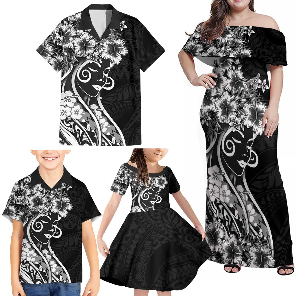 Polynesian Women's Day Family Matching Off Shoulder Maxi Dress and Hawaiian Shirt Black Hibiscus Flowers With Polynesian Pattern LT05 - Polynesian Pride