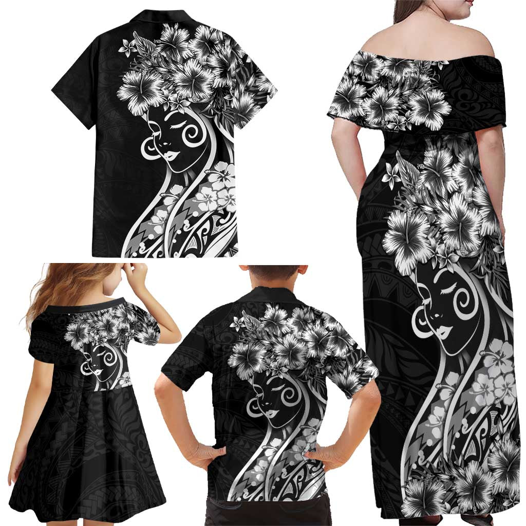Polynesian Women's Day Family Matching Off Shoulder Maxi Dress and Hawaiian Shirt Black Hibiscus Flowers With Polynesian Pattern LT05 - Polynesian Pride