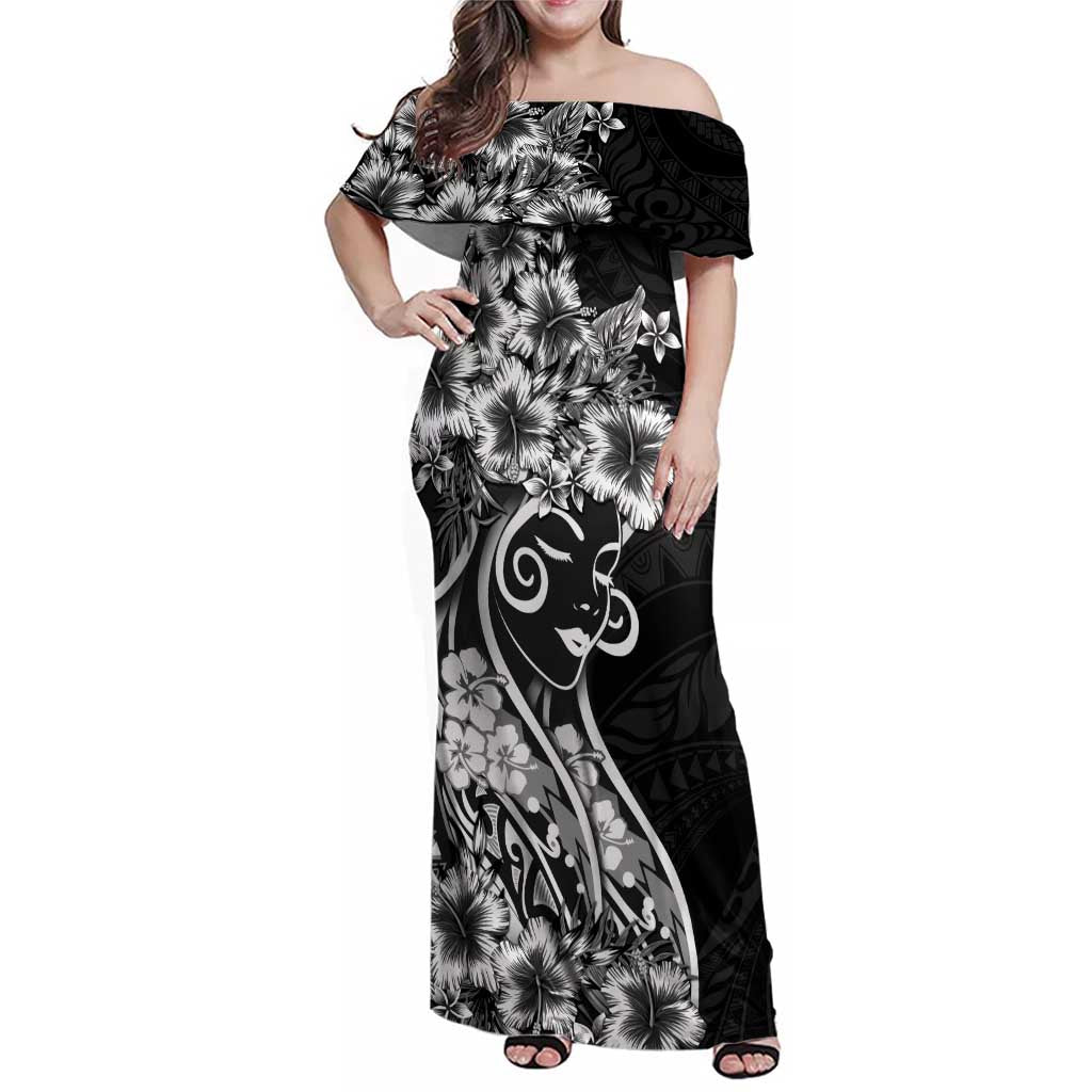 Polynesian Women's Day Family Matching Off Shoulder Maxi Dress and Hawaiian Shirt Black Hibiscus Flowers With Polynesian Pattern LT05 Mom's Dress Black - Polynesian Pride