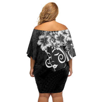 Polynesian Women's Day Family Matching Off Shoulder Short Dress and Hawaiian Shirt Black Hibiscus Flowers With Polynesian Pattern LT05 - Polynesian Pride