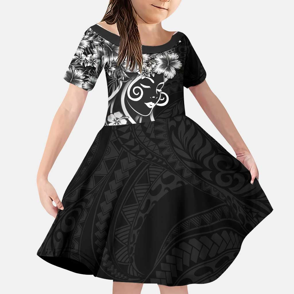 Polynesian Women's Day Family Matching Tank Maxi Dress and Hawaiian Shirt Black Hibiscus Flowers With Polynesian Pattern LT05 Daughter's Dress Black - Polynesian Pride