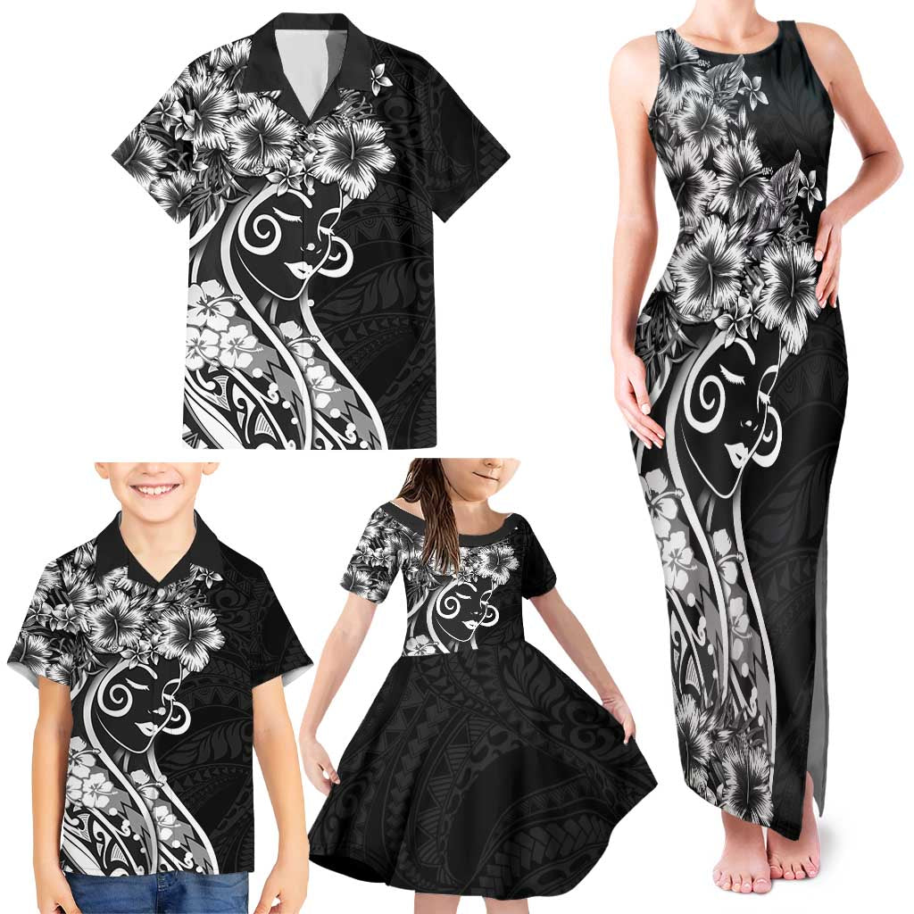 Polynesian Women's Day Family Matching Tank Maxi Dress and Hawaiian Shirt Black Hibiscus Flowers With Polynesian Pattern