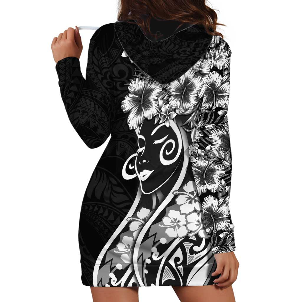 Polynesian Women's Day Hoodie Dress Black Hibiscus Flowers With Polynesian Pattern