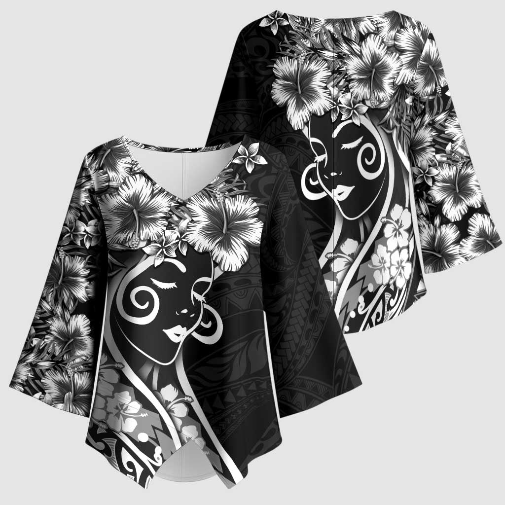 Polynesian Women's Day Kimono Sleeve Blouse Black Hibiscus Flowers With Polynesian Pattern