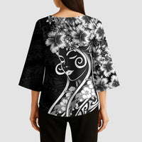Polynesian Women's Day Kimono Sleeve Blouse Black Hibiscus Flowers With Polynesian Pattern