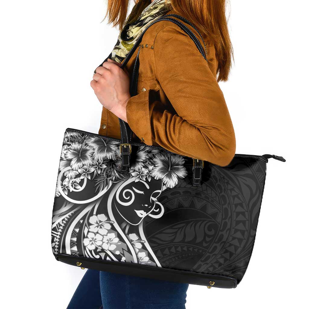 Polynesian Women's Day Leather Tote Bag Black Hibiscus Flowers With Polynesian Pattern