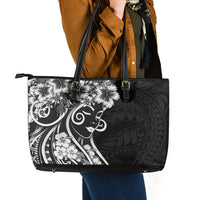 Polynesian Women's Day Leather Tote Bag Black Hibiscus Flowers With Polynesian Pattern