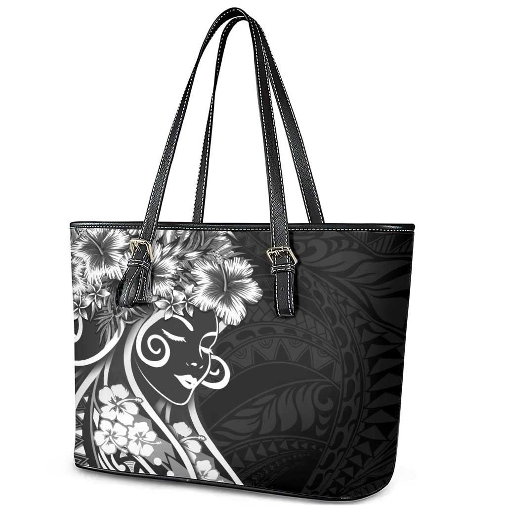 Polynesian Women's Day Leather Tote Bag Black Hibiscus Flowers With Polynesian Pattern