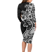 Polynesian Women's Day Long Sleeve Bodycon Dress Black Hibiscus Flowers With Polynesian Pattern