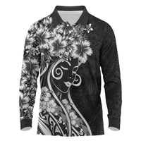 Polynesian Women's Day Long Sleeve Polo Shirt Black Hibiscus Flowers With Polynesian Pattern