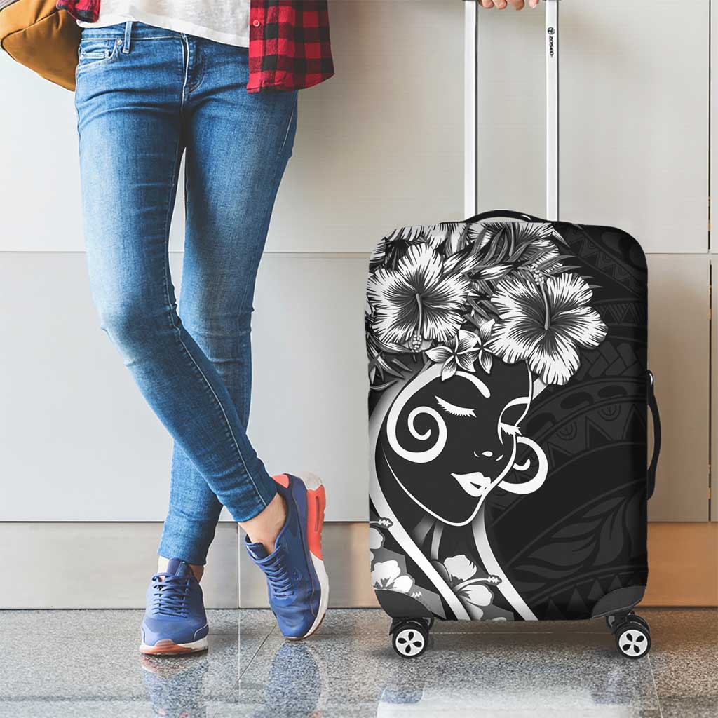 Polynesian Women's Day Luggage Cover Black Hibiscus Flowers With Polynesian Pattern