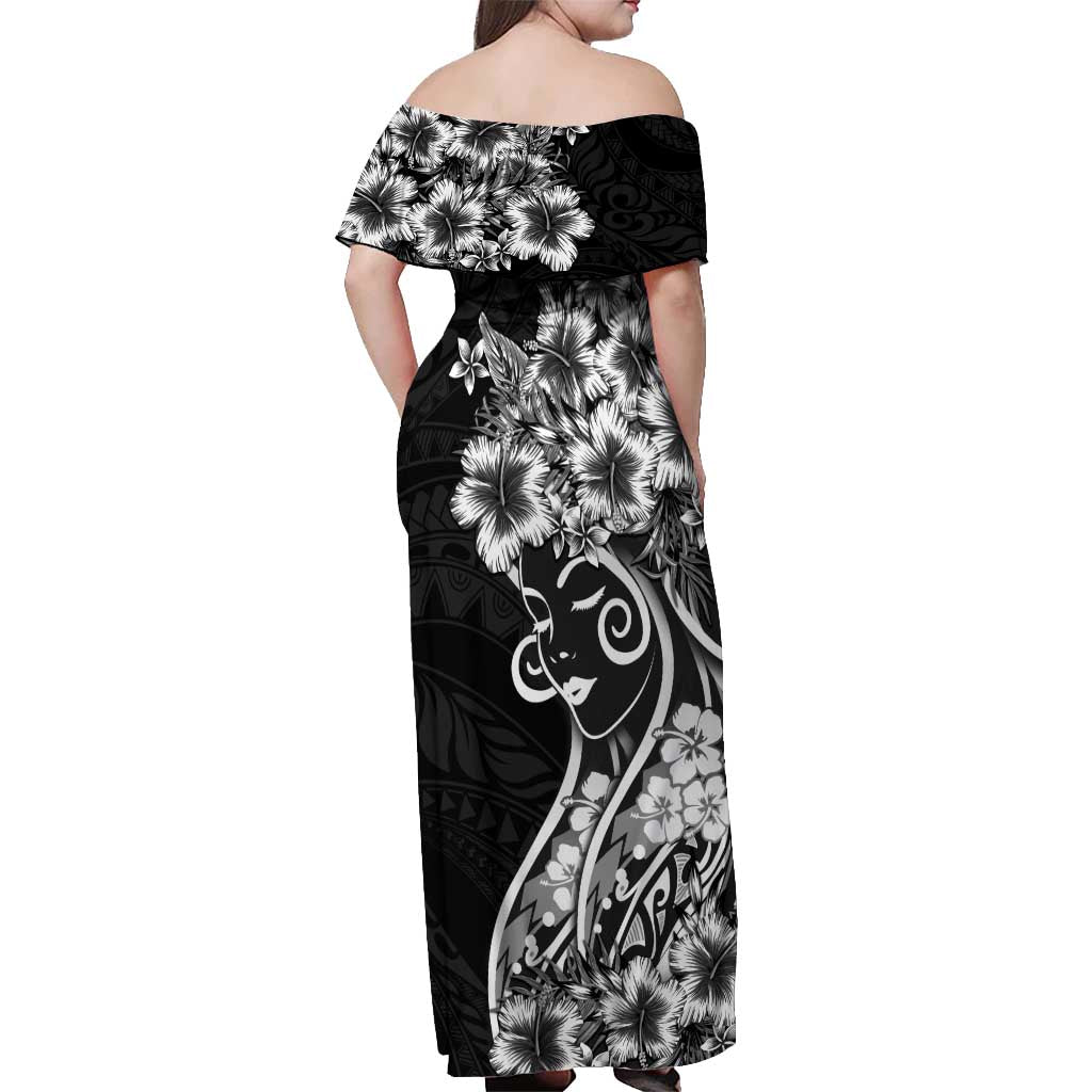 Polynesian Women's Day Off Shoulder Maxi Dress Black Hibiscus Flowers With Polynesian Pattern