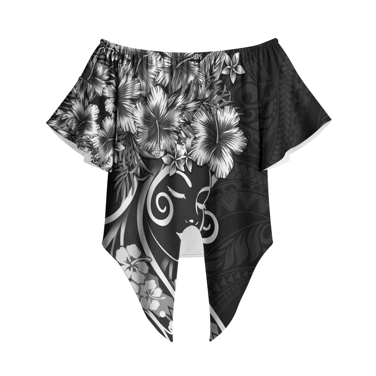 Polynesian Women's Day Off Shoulder Wrap Waist Top Black Hibiscus Flowers With Polynesian Pattern LT05 Black - Polynesian Pride