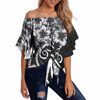 Polynesian Women's Day Off Shoulder Wrap Waist Top Black Hibiscus Flowers With Polynesian Pattern LT05 - Polynesian Pride