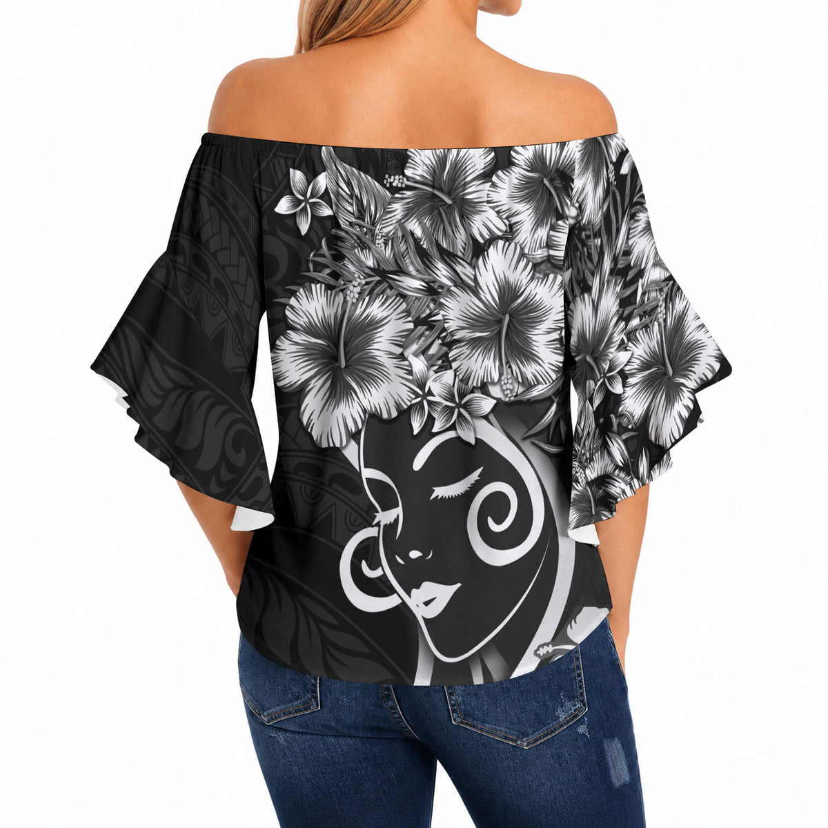 Polynesian Women's Day Off Shoulder Wrap Waist Top Black Hibiscus Flowers With Polynesian Pattern LT05 - Polynesian Pride