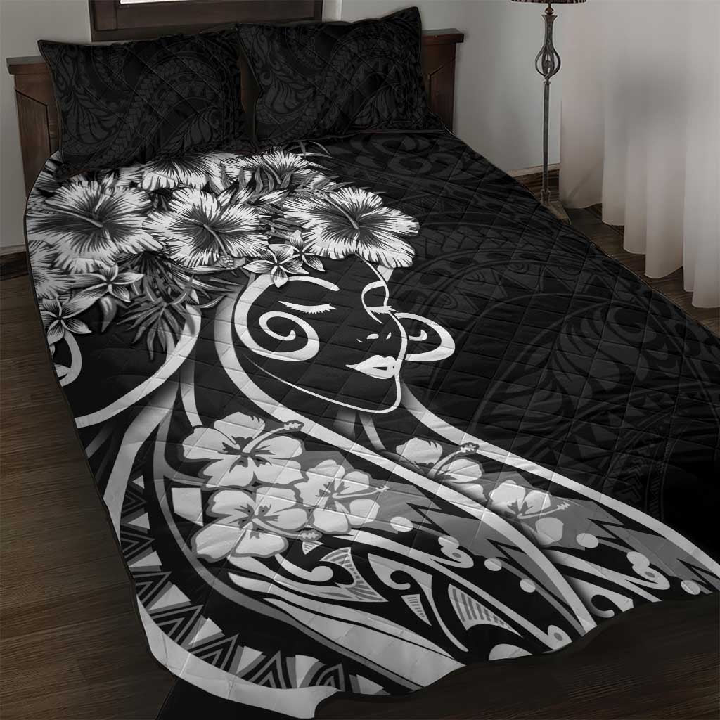 Polynesian Women's Day Quilt Bed Set Black Hibiscus Flowers With Polynesian Pattern