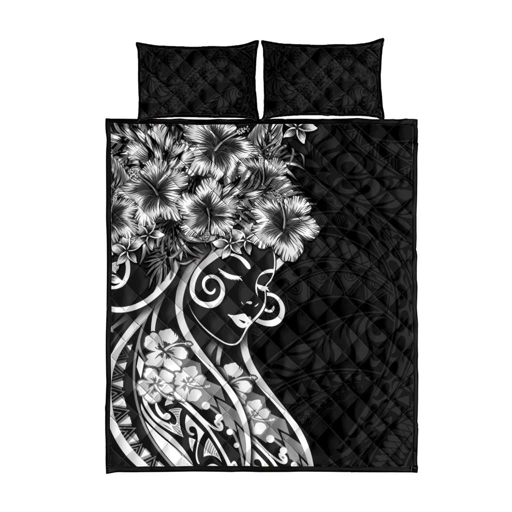 Polynesian Women's Day Quilt Bed Set Black Hibiscus Flowers With Polynesian Pattern