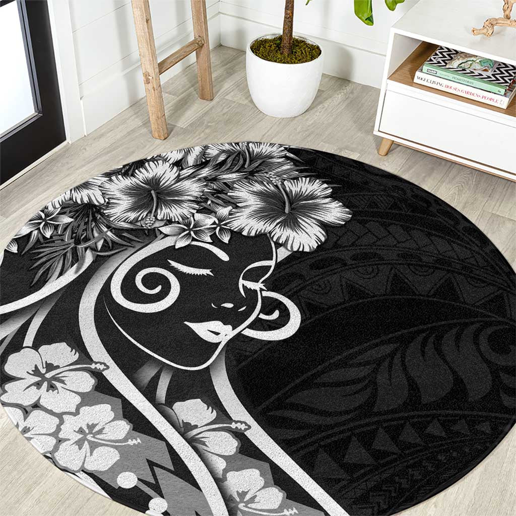 Polynesian Women's Day Round Carpet Black Hibiscus Flowers With Polynesian Pattern