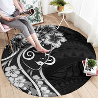 Polynesian Women's Day Round Carpet Black Hibiscus Flowers With Polynesian Pattern