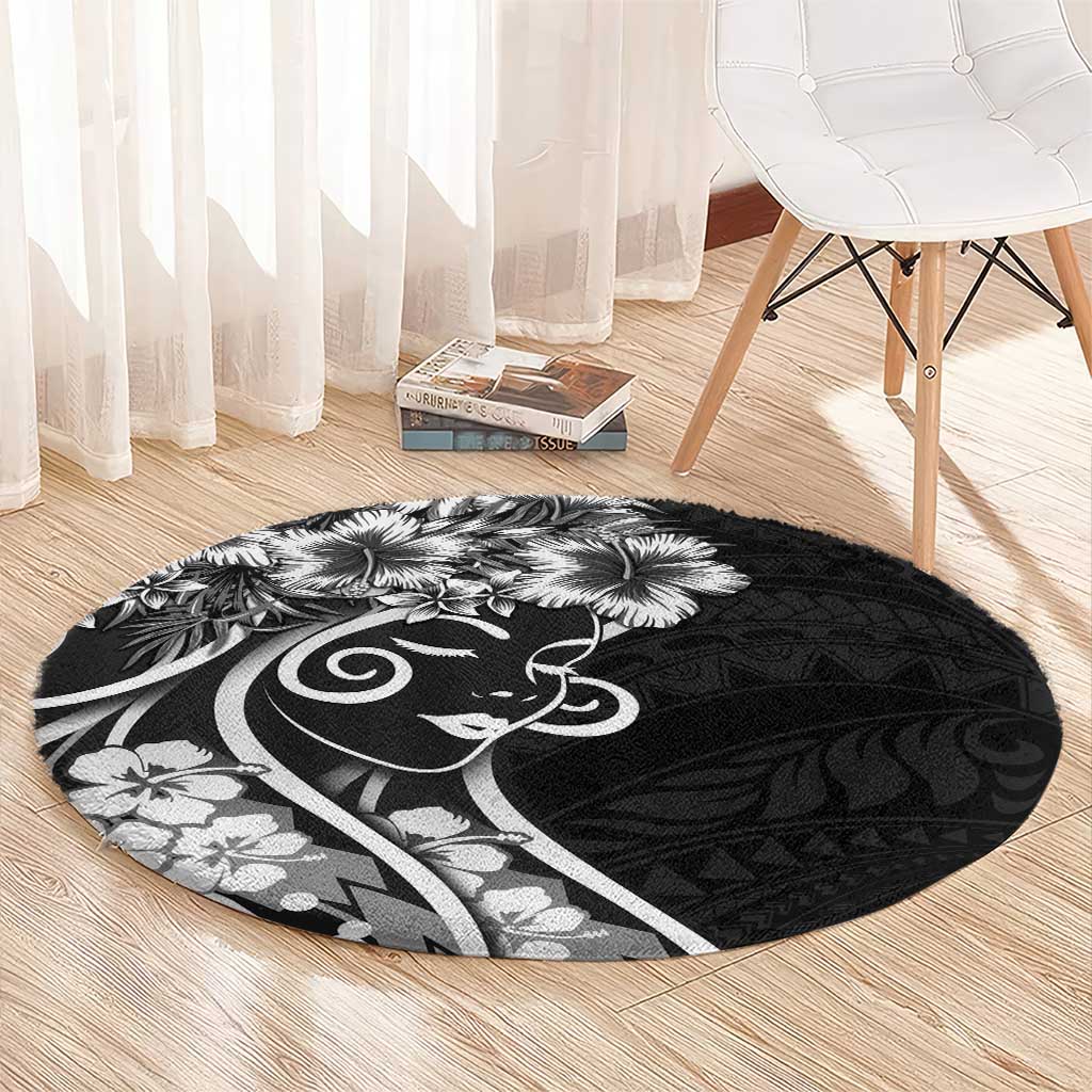 Polynesian Women's Day Round Carpet Black Hibiscus Flowers With Polynesian Pattern
