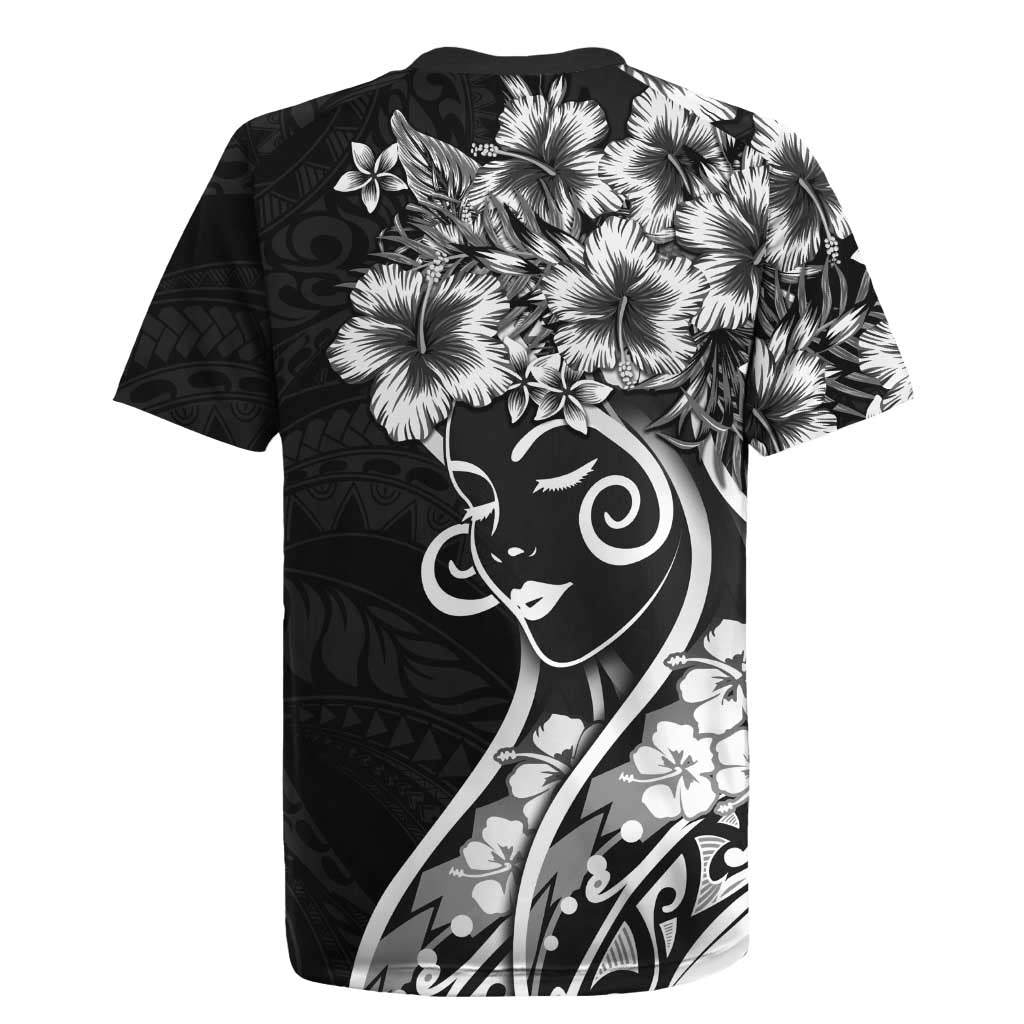 Polynesian Women's Day Rugby Jersey Black Hibiscus Flowers With Polynesian Pattern