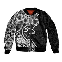 Polynesian Women's Day Sleeve Zip Bomber Jacket Black Hibiscus Flowers With Polynesian Pattern