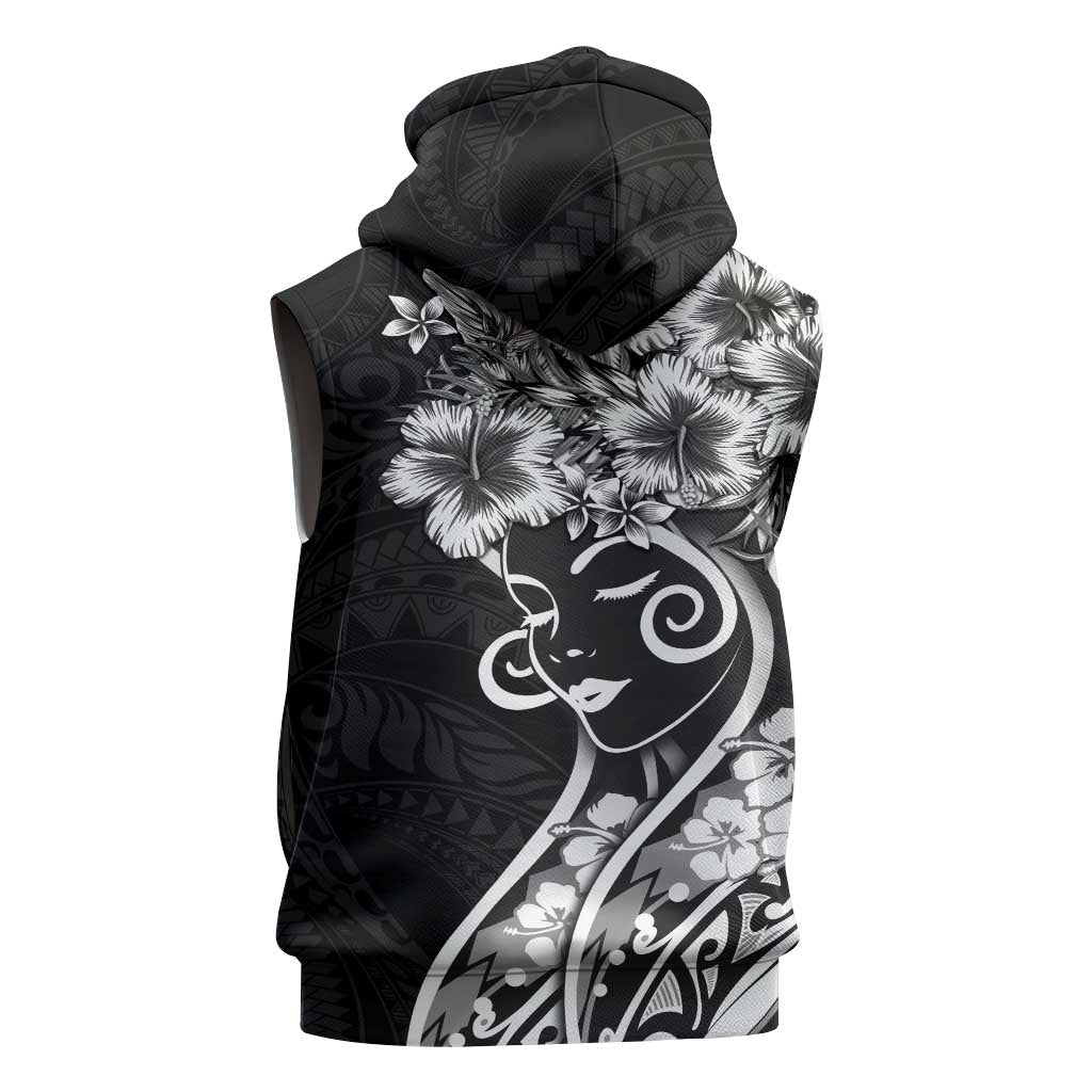 Polynesian Women's Day Sleeveless Zip Hoodie Black Hibiscus Flowers With Polynesian Pattern