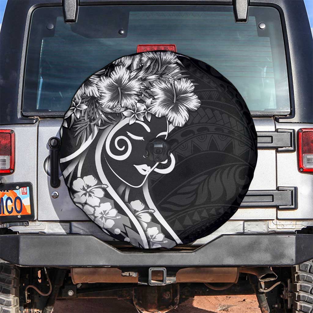 Polynesian Women's Day Spare Tire Cover Black Hibiscus Flowers With Polynesian Pattern