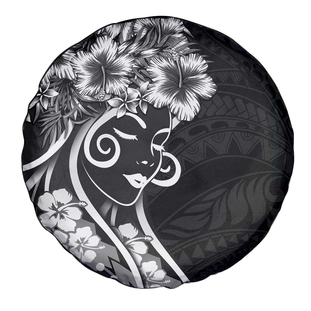 Polynesian Women's Day Spare Tire Cover Black Hibiscus Flowers With Polynesian Pattern