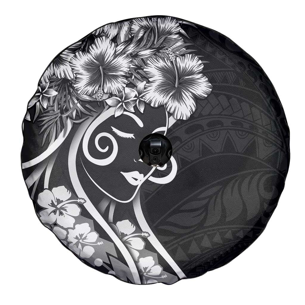 Polynesian Women's Day Spare Tire Cover Black Hibiscus Flowers With Polynesian Pattern