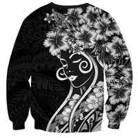 Polynesian Women's Day Sweatshirt Black Hibiscus Flowers With Polynesian Pattern