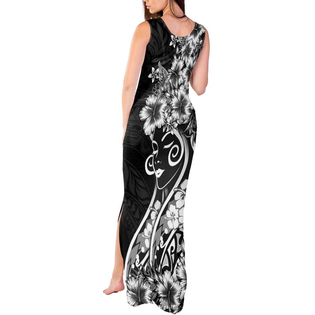 Polynesian Women's Day Tank Maxi Dress Black Hibiscus Flowers With Polynesian Pattern