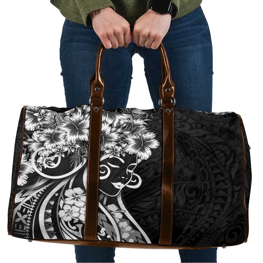 Polynesian Women's Day Travel Bag Black Hibiscus Flowers With Polynesian Pattern