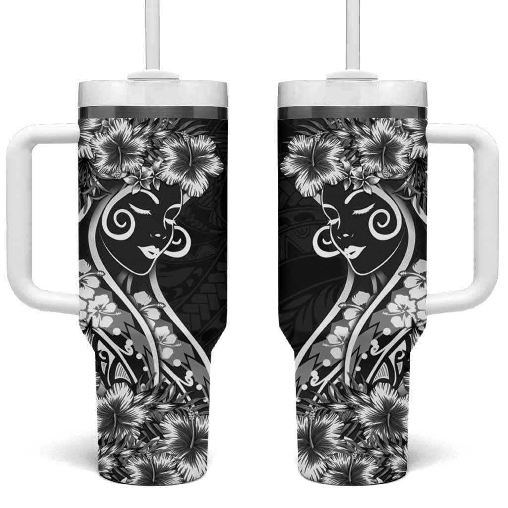 Polynesian Women's Day Tumbler With Handle Black Hibiscus Flowers With Polynesian Pattern