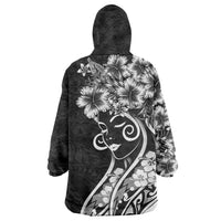 Polynesian Women's Day Wearable Blanket Hoodie Black Hibiscus Flowers With Polynesian Pattern