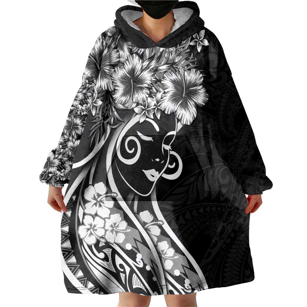 Polynesian Women's Day Wearable Blanket Hoodie Black Hibiscus Flowers With Polynesian Pattern