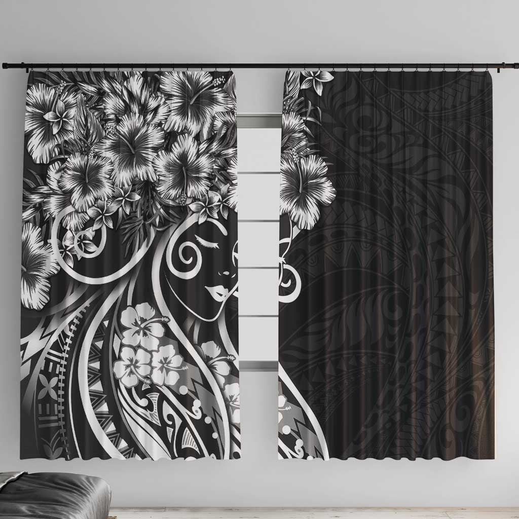 Polynesian Women's Day Window Curtain Black Hibiscus Flowers With Polynesian Pattern