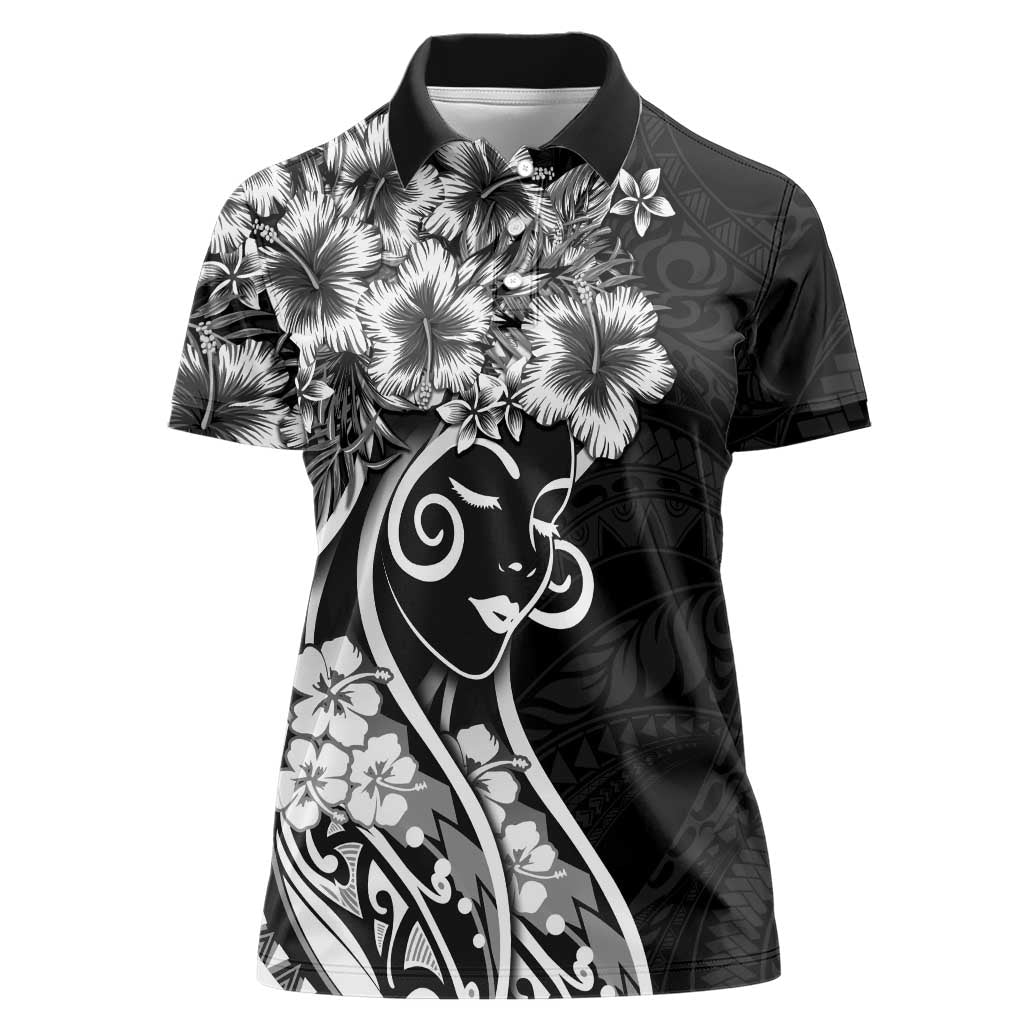 Polynesian Women's Day Women Polo Shirt Black Hibiscus Flowers With Polynesian Pattern