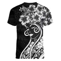 Polynesian Women's Day Women V-Neck T-Shirt Black Hibiscus Flowers With Polynesian Pattern