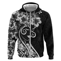 Polynesian Women's Day Zip Hoodie Black Hibiscus Flowers With Polynesian Pattern