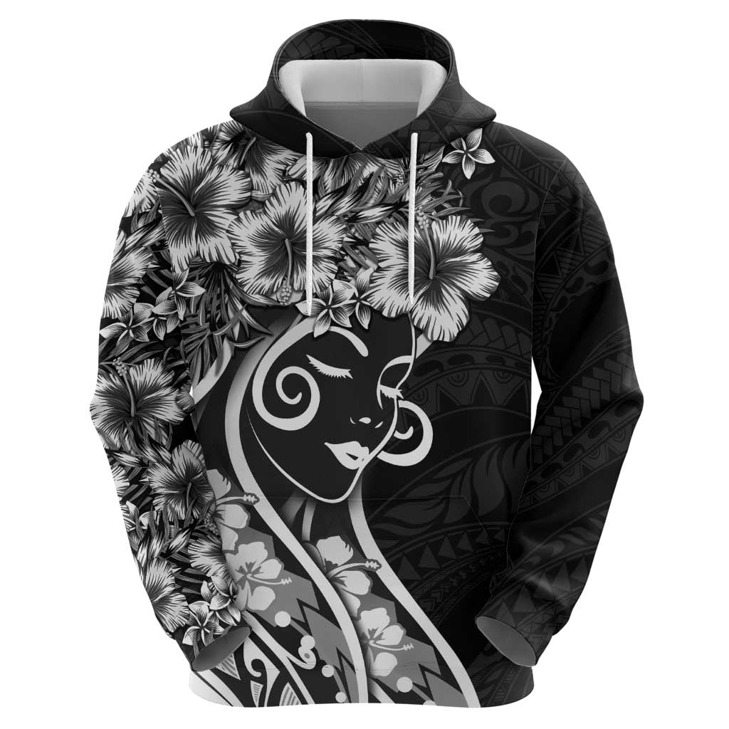 Polynesian Women's Day Zip Hoodie Black Hibiscus Flowers With Polynesian Pattern