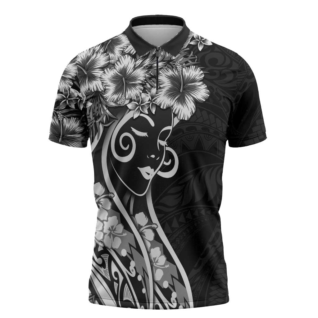 Polynesian Women's Day Zipper Polo Shirt Black Hibiscus Flowers With Polynesian Pattern