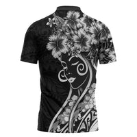 Polynesian Women's Day Zipper Polo Shirt Black Hibiscus Flowers With Polynesian Pattern