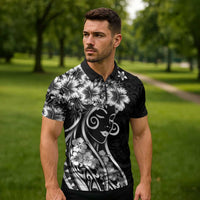 Polynesian Women's Day Zipper Polo Shirt Black Hibiscus Flowers With Polynesian Pattern