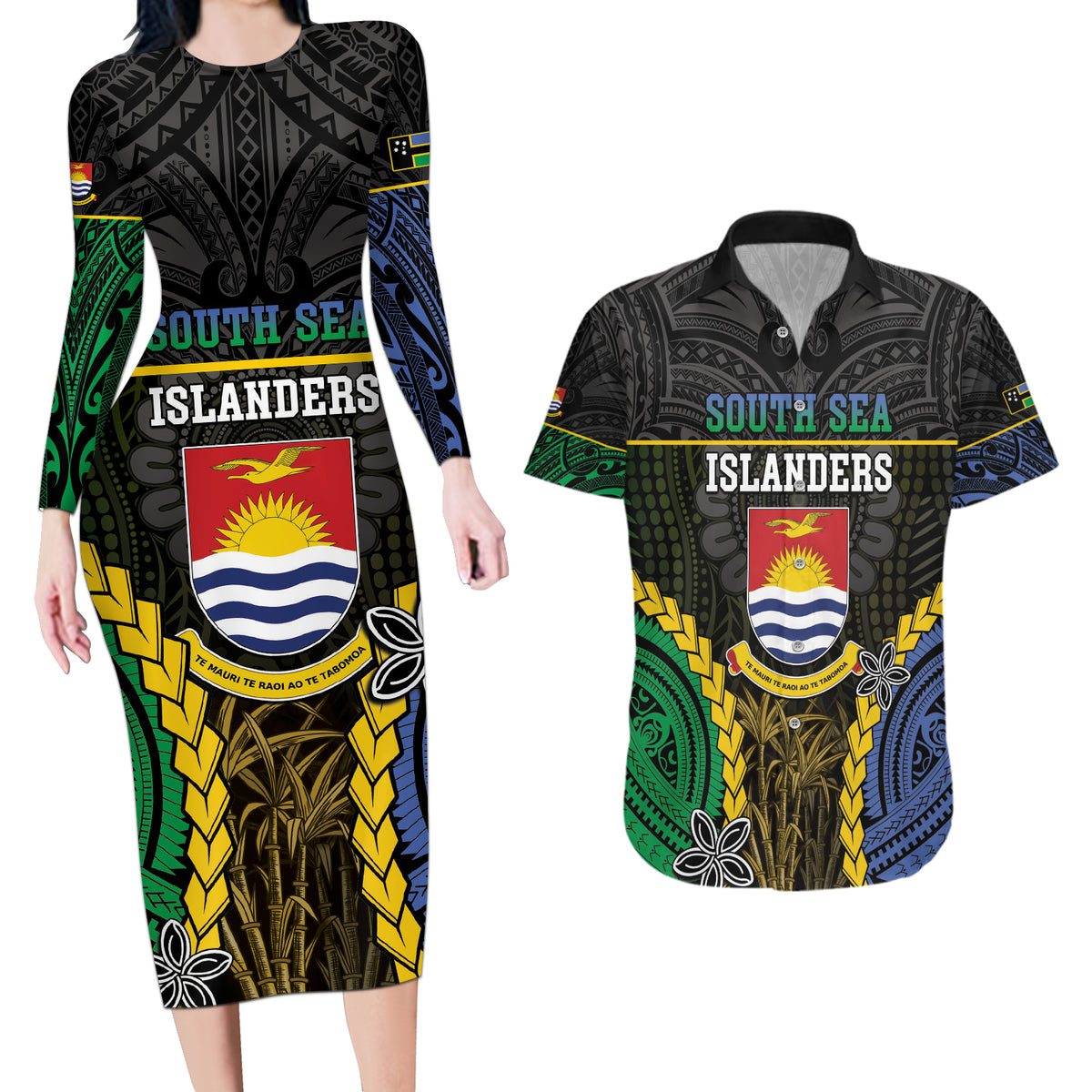 Personalised South Sea Islanders And Gilbert Islands Couples Matching Long Sleeve Bodycon Dress and Hawaiian Shirt Kanakas Polynesian Pattern LT05 Black - Polynesian Pride