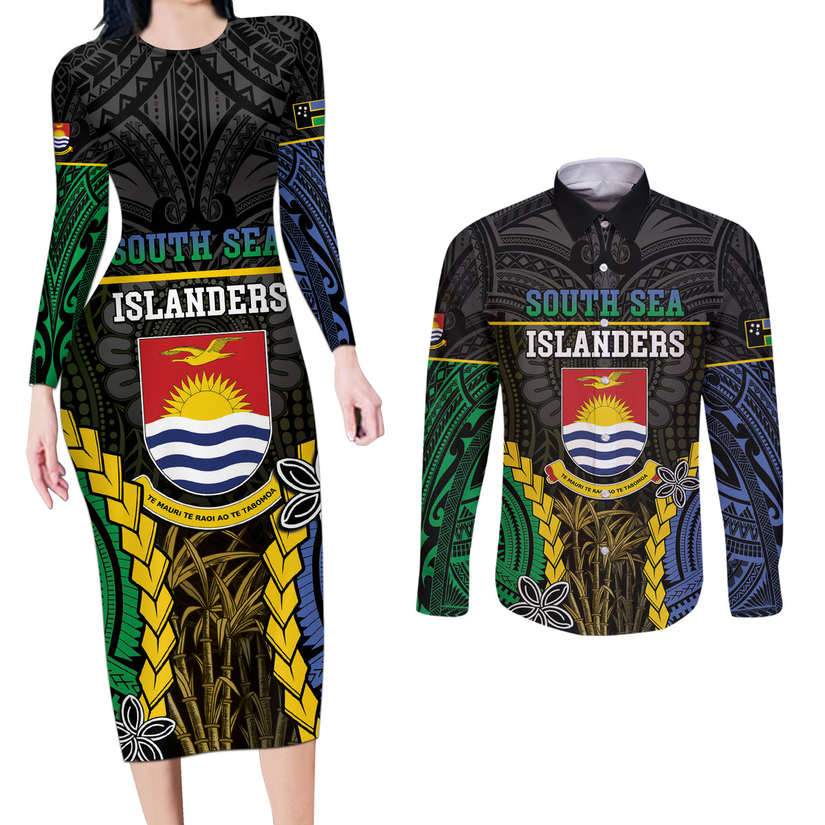 Personalised South Sea Islanders And Gilbert Islands Couples Matching Long Sleeve Bodycon Dress and Long Sleeve Button Shirt Kanakas Polynesian Pattern LT05 Black - Polynesian Pride