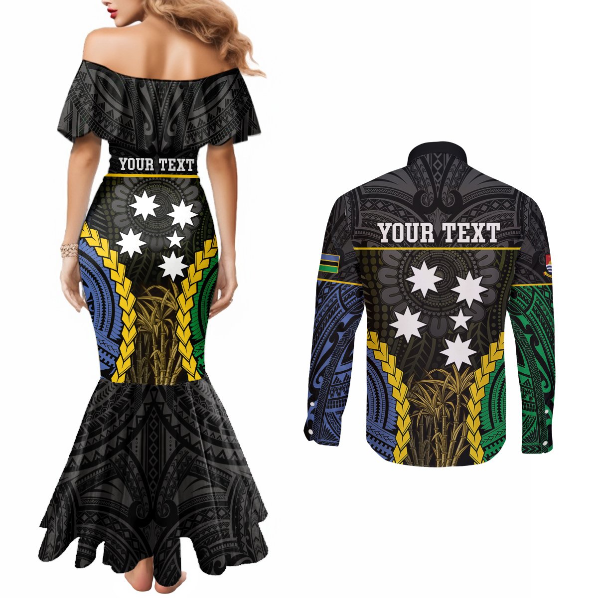 Personalised South Sea Islanders And Gilbert Islands Couples Matching Mermaid Dress and Long Sleeve Button Shirt Kanakas Polynesian Pattern