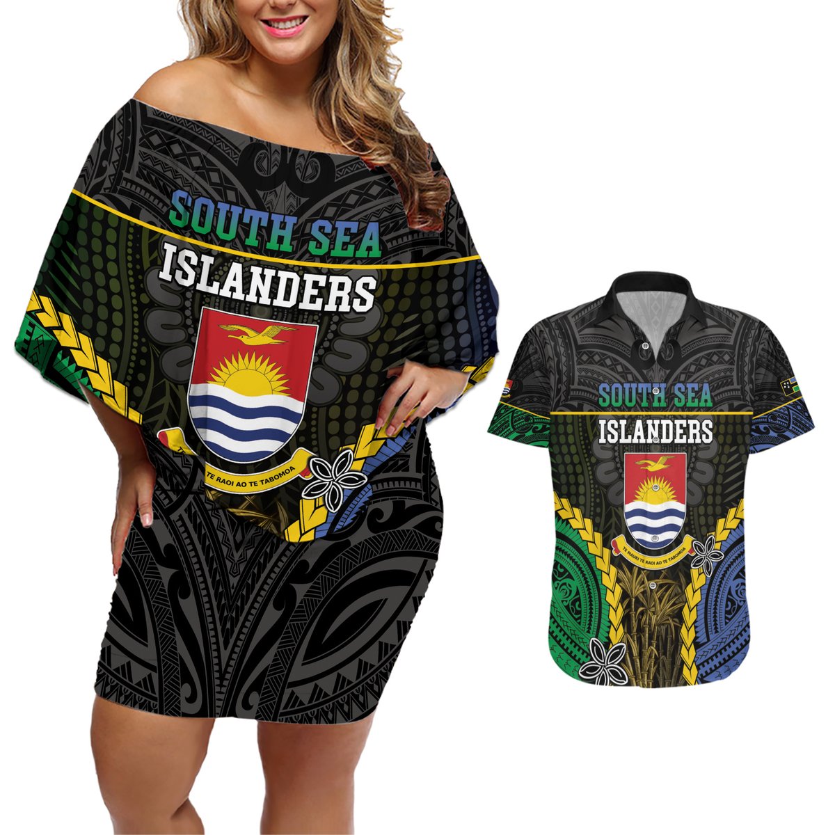 Personalised South Sea Islanders And Gilbert Islands Couples Matching Off Shoulder Short Dress and Hawaiian Shirt Kanakas Polynesian Pattern LT05 Black - Polynesian Pride