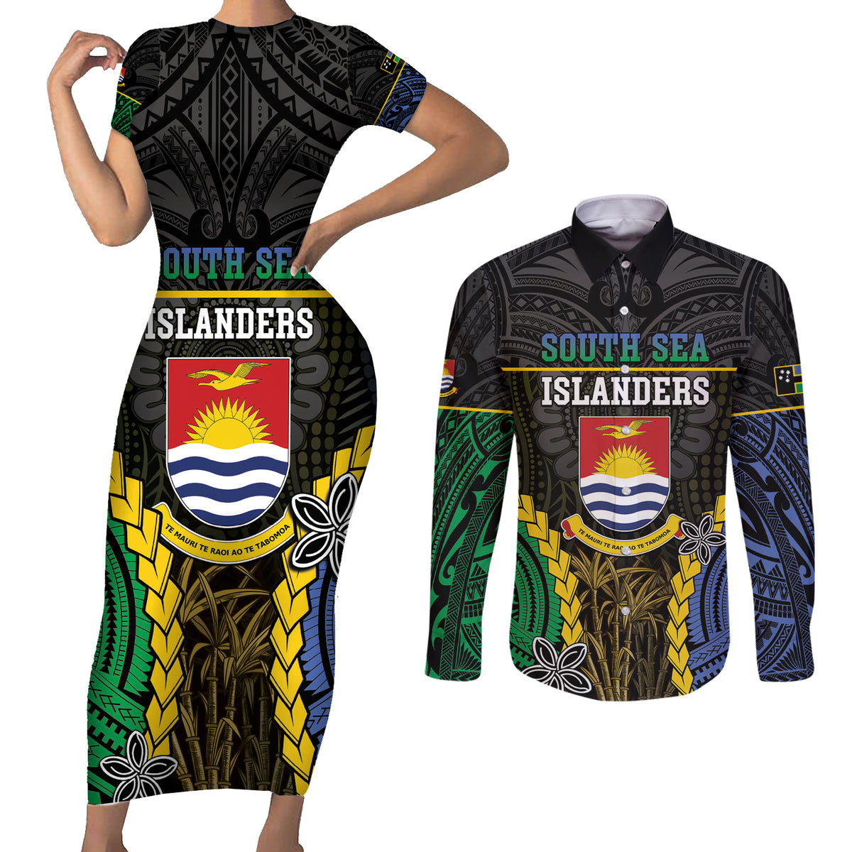 Personalised South Sea Islanders And Gilbert Islands Couples Matching Short Sleeve Bodycon Dress and Long Sleeve Button Shirt Kanakas Polynesian Pattern LT05 Black - Polynesian Pride