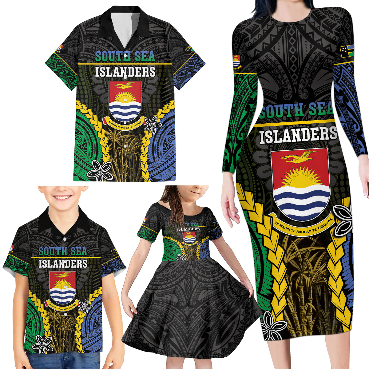 Personalised South Sea Islanders And Gilbert Islands Family Matching Long Sleeve Bodycon Dress and Hawaiian Shirt Kanakas Polynesian Pattern LT05 - Polynesian Pride